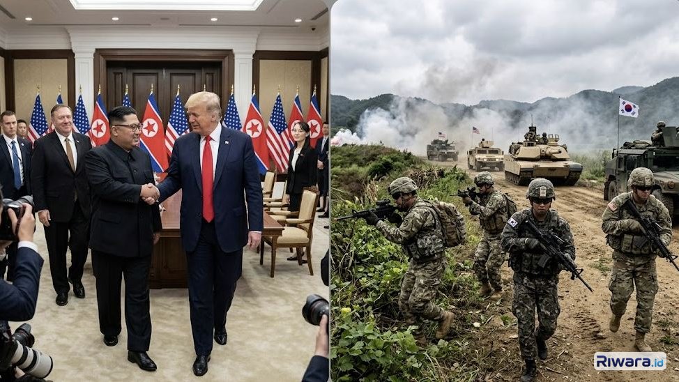 Ilustrasi pertemuan Presiden AS Donald Trump dengan Presiden Korut Kin Jong Un di sela-sela latihan militer gabungan AS-Korsel dibuat dengan bantuan Gemini AI
